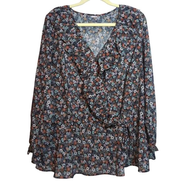 Creation L Floral Ruffle Faux Wrap Blouse Semi Sheer Chic Size XL - Picture 1 of 10